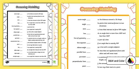 Fourth Grade Geometry Matching Worksheet