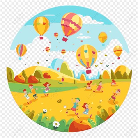 Field Day Clipart Cartoon Children Running With Hot Air Balloons In The ...