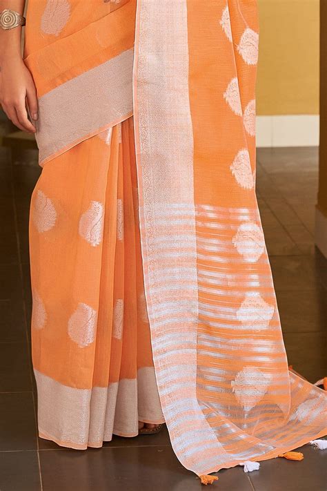 Buy Bright Orange Linen Saree 20244 Online | Karagiri
