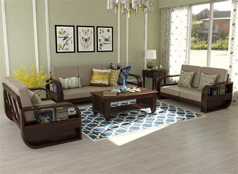 FURNESHO Wooden 7 Seater Sofa Set for Living Room | with 40 Density ...