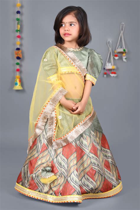 Green puff sleeve choli multicolour printed lehenga with yellow drape ...