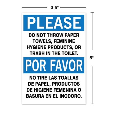 Please: Do not Throw Paper or Trash in Toilet, Bilingual Sign, 5" high ...