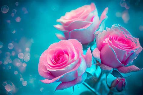 Rosas cor de rosa luz Bokeh fundo azul Dia dos Namorados | Foto Premium