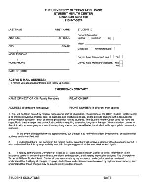 UTEP Student Health Center Registration Form - Blank Fillable Template ...