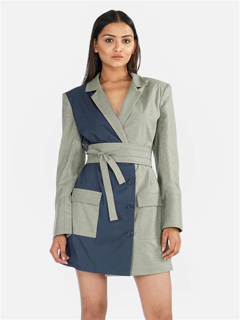Double Breasted Blazer Dress in Color Block Grey – klasnobl