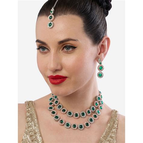 Buy Zaveri Pearls Green Stone Diamonds Two Tone Jewellery Set Online
