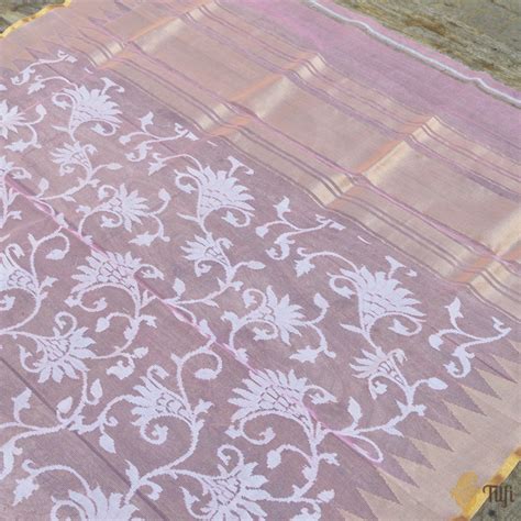 Baby Pink Pure Kora Silk Net Banarasi Handloom Dupatta - Tilfi