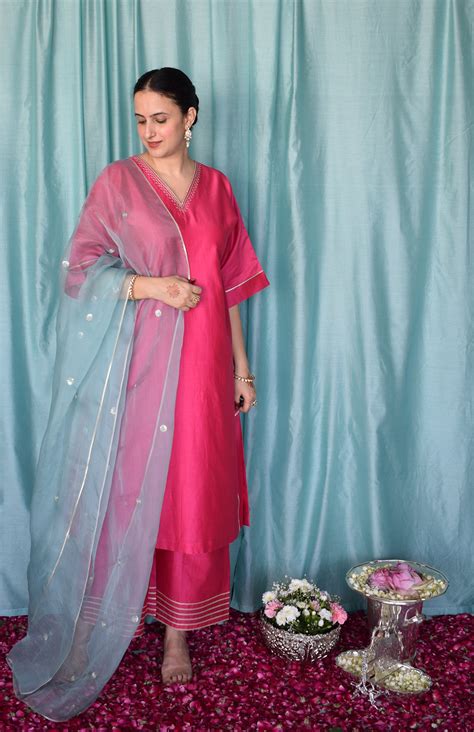 Rohini Chanderi Set with Sea Green Silk Organza Dupatta – House of Moxa