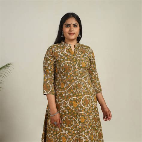 Green Printed Cotton A-Line Kalamkari Kurta for Women
