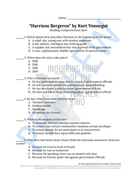 "Harrison Bergeron" by Kurt Vonnegut Quiz and Answer Key | Teaching ...
