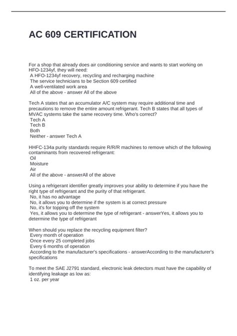 AC 609 CERTIFICATION QUESTIONS AND ANSWERS 100% CORRECT - EPA 609 ...