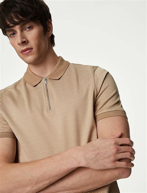 Buy Pure Cotton Textured Half Zip Polo Shirt at Marks & Spencer