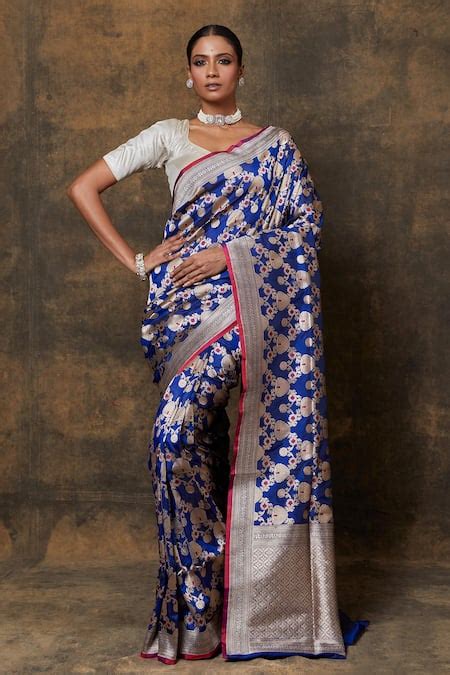 Buy Blue Silk, Brocade Banarasi Floral Woven Saree With Running Blouse ...