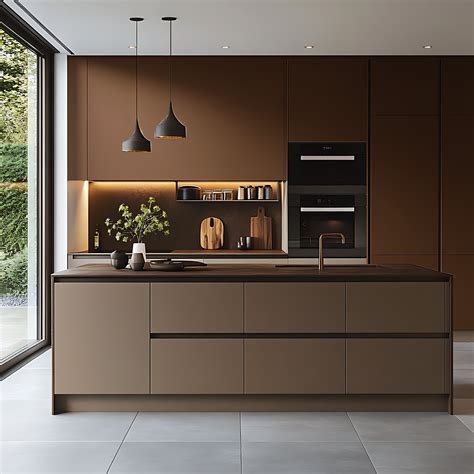 Matte Cocoa Kitchen with Island Counter and Warm Ambient Lighting