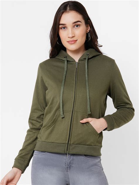 Buy Kraus Jeans Women Olive Green Hooded Sweatshirt - Sweatshirts for ...