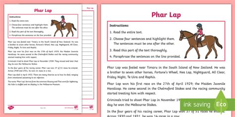 Phar Lap Paraphrasing Worksheet (teacher made) - Twinkl