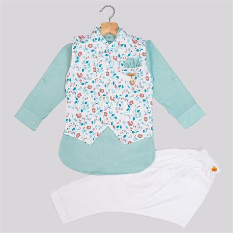 Buy Sea Green Floral Boys Kurta Pajama with Jacket – Mumkins