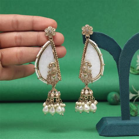 White Color Mother Of Pearl Kundan Earrings – Eindiawholesale