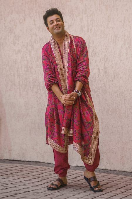 Buy Red Satin Silk And Linen Floral Motifs Printed Kurta Set For Men by ...