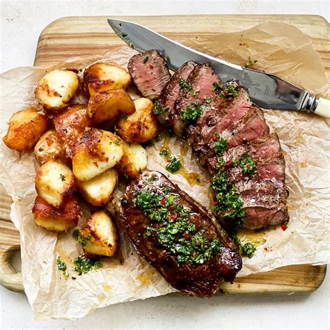 Scotch Fillet Steaks with Crispy Roasted Potatoes and Chimichurri ...