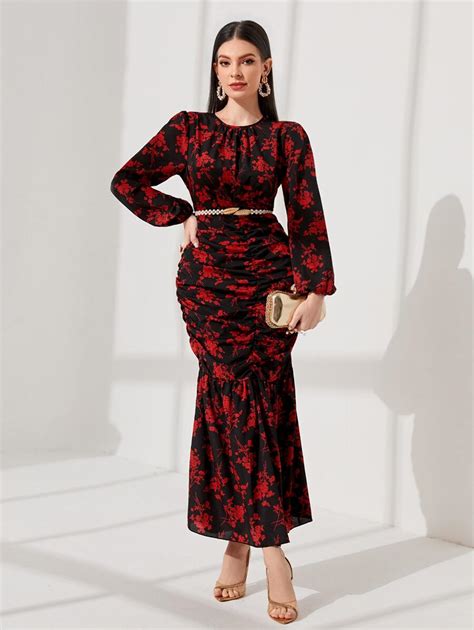 Modelyn Floral Print Lantern Sleeve Ruched Mermaid Hem Dress Without ...