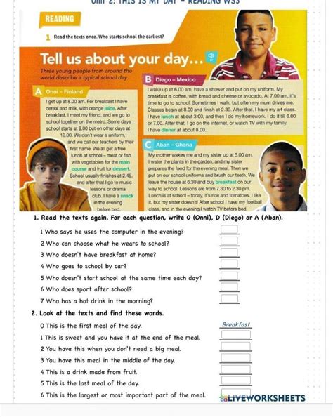 1. Read the texts again. For each question, write 0 (Onni), D (Diego ...