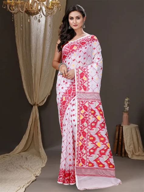 T.J. SAREES White and Red Handloom Pure Cotton Dhakai Jamdani Saree For ...