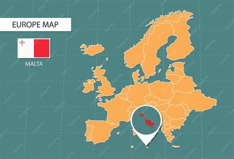 Premium Vector | Malta map in Europe zoom version icons showing malta location and flags