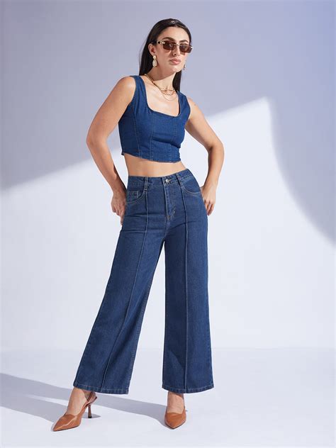Women's Navy Blue Wide-Leg High-Rise Non-stretchable Denim Jeans