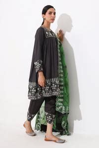 Buy Grey Silk, Dupatta Organza, Lining Shantoon Hand Pleated Kurta ...