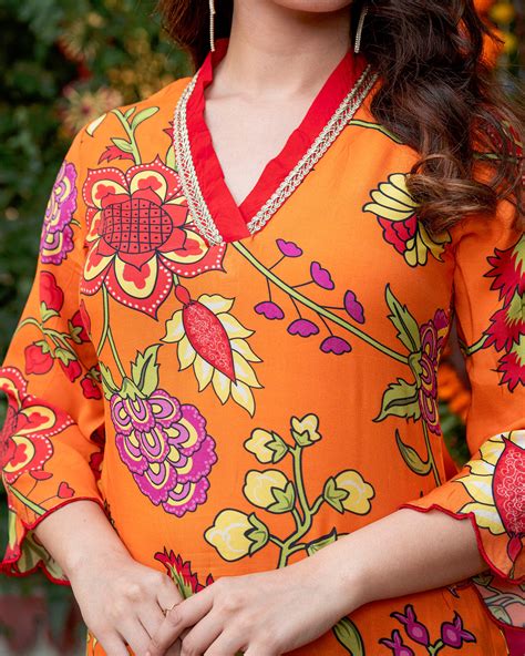 Buy Orange Floral-Stroked Kurta Set online in india – Ambraee