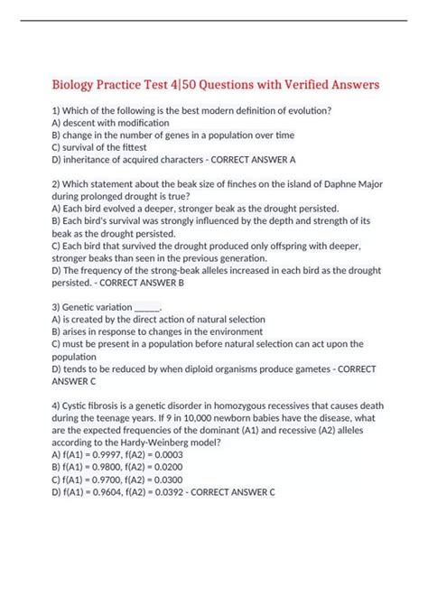 Biology Practice Test 4|50 Questions with Verified Answers,100% CORRECT ...