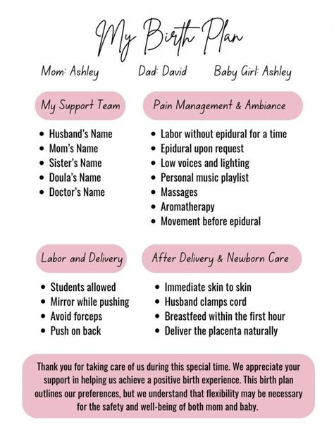 Editable Birth Plan, Birth Plan Template, Birth Preferences, Simple Printable Birthing Plan ...