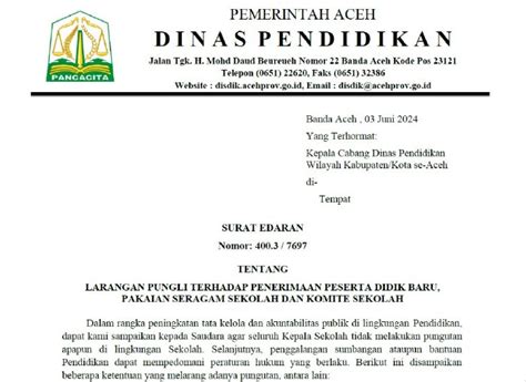 Disdik Larang Keras Pungli Penerimaan Siswa Baru di Aceh, Ini Surat ...