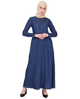 Buy Silk Route Full Front Open Mock Flaps Denim Abaya Maxi Dress Jilbab ...