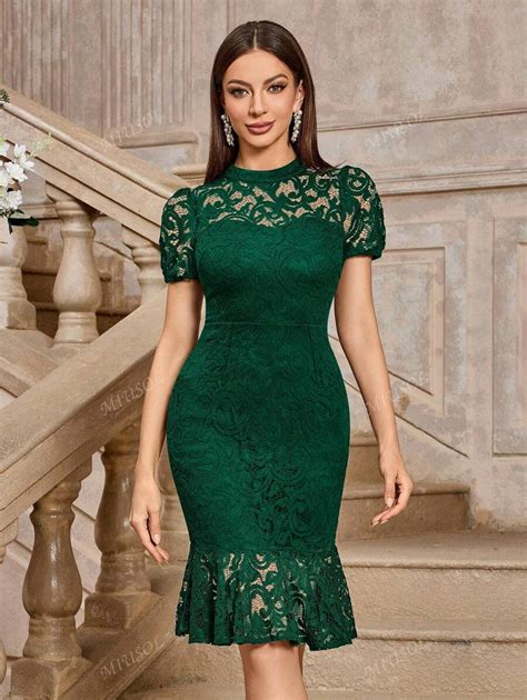MIUSOL Vintage Mock Neck Floral Lace Puff Sleeve Cocktail Party Bodycon ...
