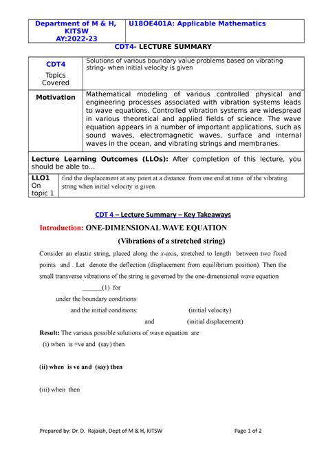 CDT-4 - Lecture notes - Department of M & H, KITSW AY:2022- U18OE401A ...
