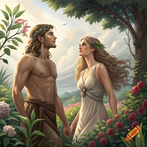 Biblical figures Adam and Eve in a lush garden, looking upwards ...