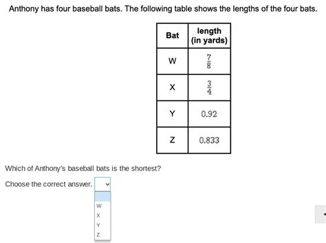 Anthony has four baseball bats. the following table shows the lengths ...