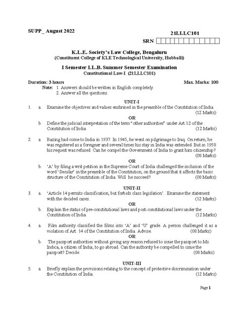 Constitutional Law-I August 2022 - Supplementary - Page 1 SRN K.L ...