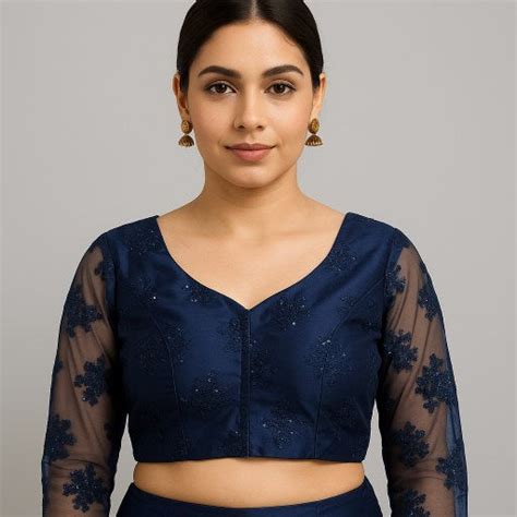 Nazakat Net Navy Blue Color Blouse with sequin work with V Neckline ...