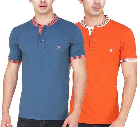 Buy B5 Cotton Mandarin Collar Deep Blue & Orange T-Shirt at Amazon.in