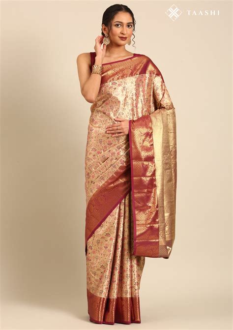Buy Golden And Dark Purple Kanchipuram Saree Online - Taashi