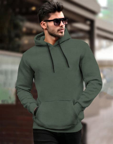 Mens Plain Hooded Sweatshirt with Side Pockets / Olive Green – WoopX