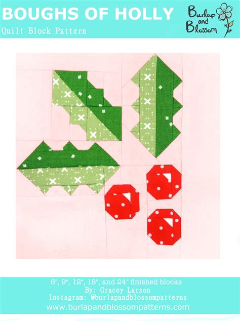 Pattern, Boughs of Holly Quilt Block by Burlap and Blossom (digital do ...