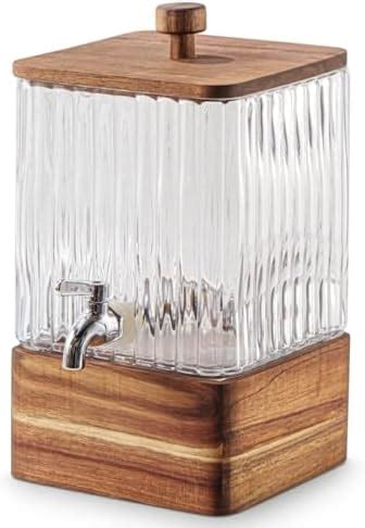 AAR Square Glass Water Dispenser with Wooden Stand & Lid | Ribbed ...