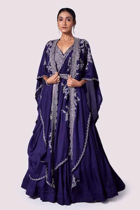 Buy Purple Silk Embroidery, Mirrors, Sequins, Beads V-neck Cape And ...