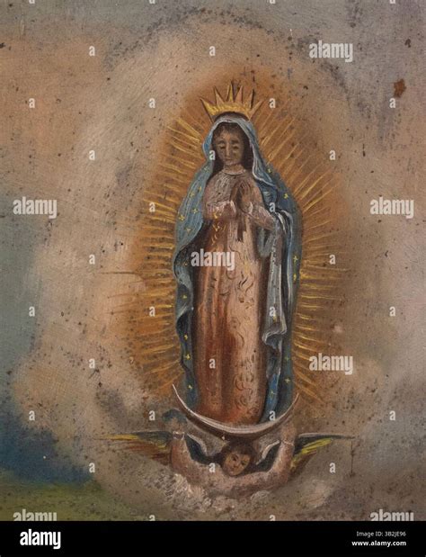Detail of 1838 Mexican painting of Our Lady of Guadalupe in a Mexican and Spanish Colonial ...