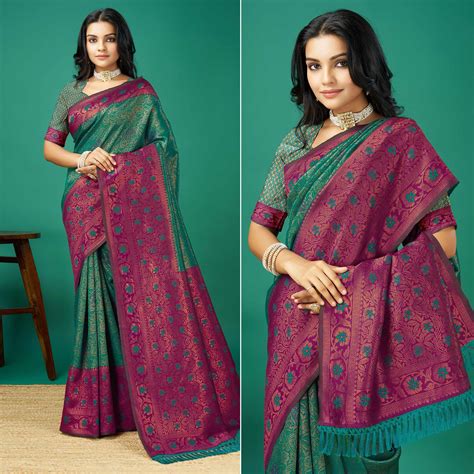 Rama Green Zari Woven Banarasi Silk Saree With Tassels