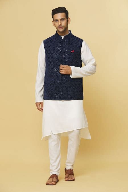 Buy Blue Cotton Velvet Embroidered Sequin Nawaab Nehru Jacket For Boys ...